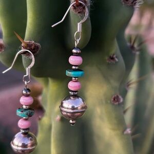 Pink conch Shell+turquoise Sterling silver Navajo Bench Beaded Dangle Earrings